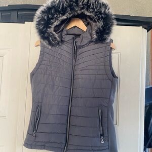 Charcoal Women's Vest with Fur Hood